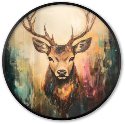 Poster in lijst Rond - Fotolijst 60x60 cm - Posters - Hert - Geverfd - Gewei - Bruin - Ronde posterlijst zwart - Decoratie - Wanddecoratie woonkamer - Muurdecoratie slaapkamer