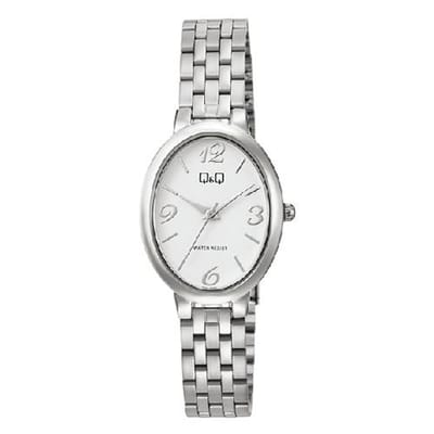 Q&Q-dames horloge-model q10c-001py-ovaal-duidelijke wijzerplaat-3 bar waterdicht-afmeting 26 x 33 mm-zilverkleurig