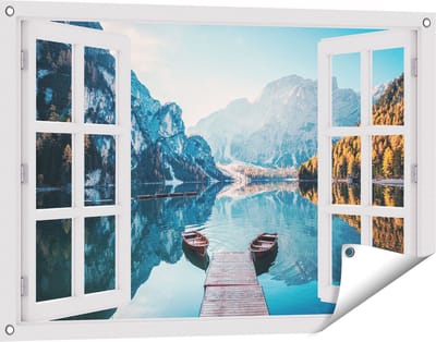 Gards Tuinposter Doorkijk Twee Bootjes op het Meer in de Bergen - 90x60 cm - Tuindoek - Tuindecoratie - Wanddecoratie buiten - Tuinschilderij