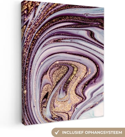 Canvas schilderij 30x40 cm - Wanddecoratie Marmer - Roze - Goud - Glitter - Marmerlook - Luxe - Muurdecoratie woonkamer - Slaapkamer decoratie - Kamer accessoires - Schilderijen op canvas