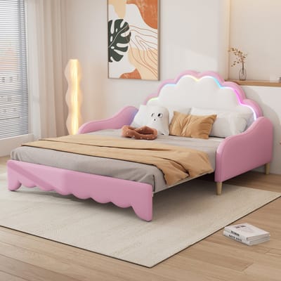 STILVORA Slaapbank 140x200 cm – Omvormbaar Van Bank Naar Bed – Hoofdbord Met Kleurwisselend Ledlicht – Zonder Matras – PU – Roze