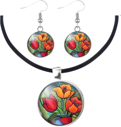 Set Tulp zilver lange oorbellen en ketting - Charme Bijoux