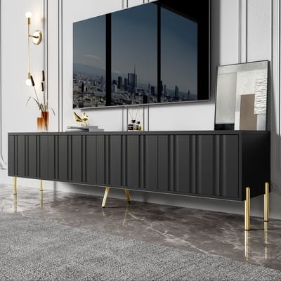OKWISH Tv Meubel - 190x38x48 Cm - 4 Deuren 8 Vakken - Veel Opbergruimte Voor Woonkamer - Mdf En Spaanplaat Zwart