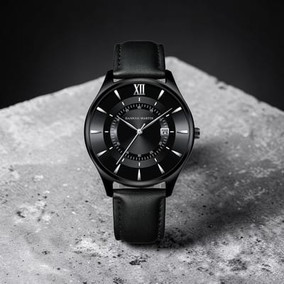 Hannah Martin Herenhorloge Zwart Kast Zwarte Wijzerplaat - Quartz Polshorloge met Lederen Band, Datumweergave en Romeinse Cijfers - Waterbestendig tot 3ATM