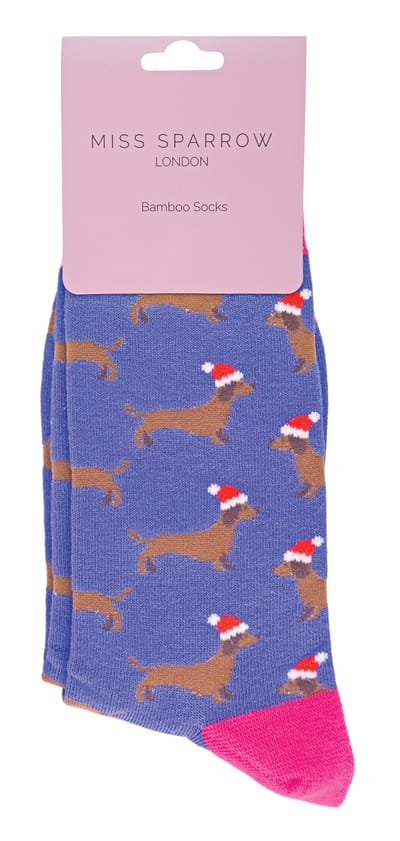 Miss Sparrow - 2 Paar Dames Kerst Sausage Dog Sokken, Sokken met Teckel Motief - Santa Dog (Denim)
