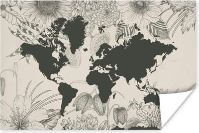 Poster 30x20 cm - Wereldkaart - Bloemen - Grijs - Posters - Kamer decoratie - Wanddecoratie woonkamer - Muurdecoratie slaapkamer