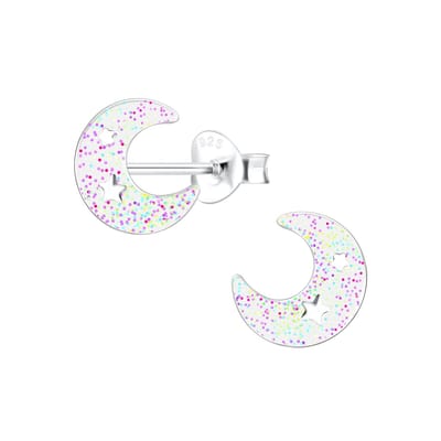 Joy|S - Zilveren maan oorbellen - 8 x 9 mm - glitters met kleine sterretjes