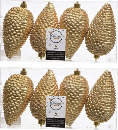8x Gouden dennenappels kerstballen 12 cm - Glitter - Onbreekbare plastic kerstballen - Kerstboomversiering goud