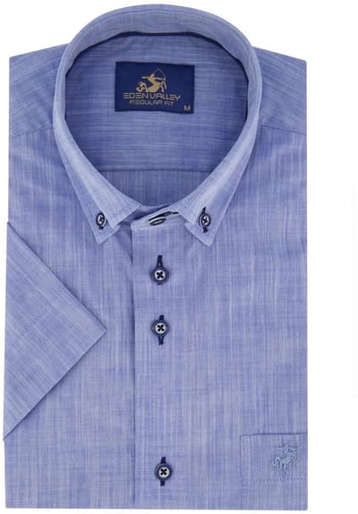 Eden Valley - Korte Mouw Overhemd - Heren - L - Blauw - Katoen - 216194-34-Modern