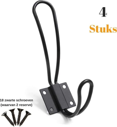 Gohh Set van 4 Zwarte Kledinghaken – Stevige Vintage Kapstokhaak