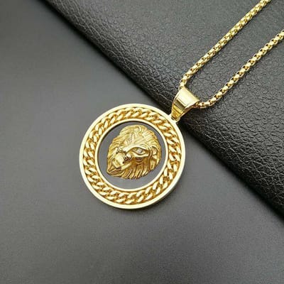 Nouveau Set Hip Hop Diamants Pendentif Tête de Lion d'Europe et d'Amérique beige