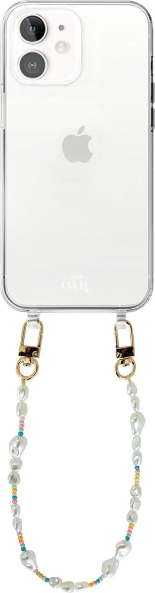xoxo Wildhearts silicone case met koord - Transparant telefoonhoesje met koord - telefoonketting - Beachy Vibes - short - Cord Case - geschikt voor Apple iPhone 12 - Korte parelketting / kralenketting - Parels - Wit / Meerkleurig