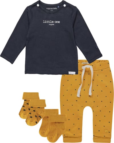 Noppies - Kledingset - 4delig - Broek Kris Oker met sterretjes - Shirt Hester Charoal - 2 paar sokjes- Maat 44