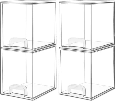 Stapelenbare Opbergladen - 4 Stuks, 19 cm Hoog, Acryl Organizer met 32 Antislip Matten voor Dresser, Badkamer, Cosmetica, Keuken en Voorraadopslag