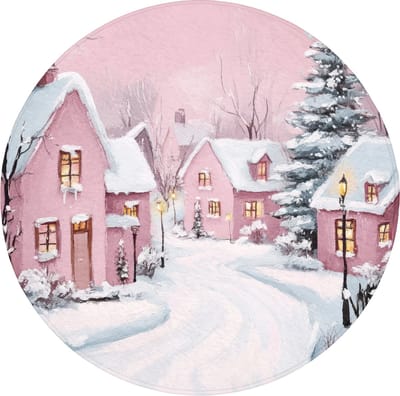 Badmat rond 70x70 cm - Antislip - Kerstdorp - Roze - Winter - Sneeuw - Huizen - Badmatten voor badkamer - Badkamermat - Douchemat - Ronde badkamer mat