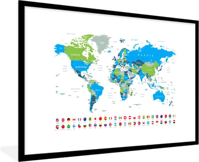 Poster in lijst - Fotolijst 120x80 cm - Posters - Wereldkaart - Vlag - Blauw - Groen - Posterlijst zwart - Decoratie - Wanddecoratie woonkamer - Muurdecoratie slaapkamer