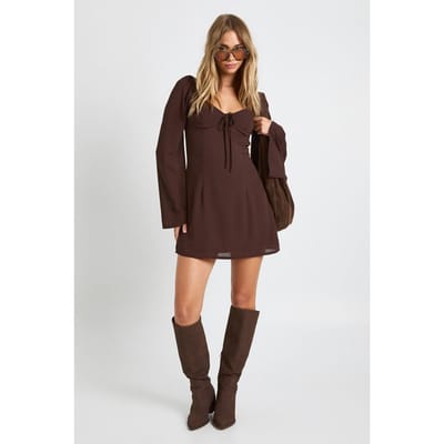 boohoo Dames Melkboerin jurk met kanten cupdetail | Chocoladebruin | Maat: 44