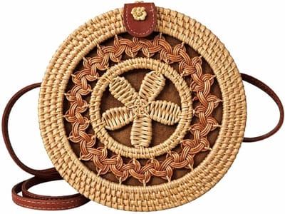 Dames Rieten Tas - Handgemaakte Rotan Schoudertas met Leren Schouderband - Bohemian Style Strandtas & Reistas - Vintage Rotan Tas voor Dagelijks Gebruik