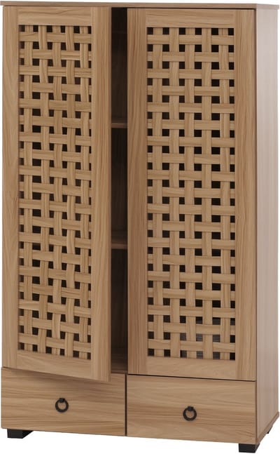 Vitrinekast MCW-N87, woonkamer kast, 3D vlechtwerk design 2 deuren 3 opbergvakken 2 soft-close laden, 138x80x36cm ~ bruin