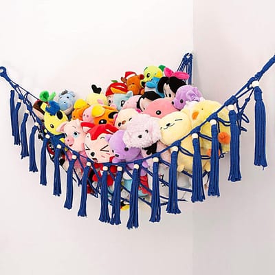 Speelgoed hangmat - Knuffel opberger - Kinderkamer decoreren - Handgemaakt macramé design - 132 x 104 cm - Blauw