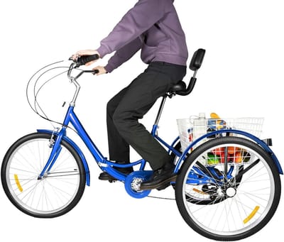 Adult Tricycle 24 Inch Foldable with Basket 7 Speed Seat Adjustment Height 96.5-115 cm V-Brake Front Parking Brakes Rear Senior Tricycle
