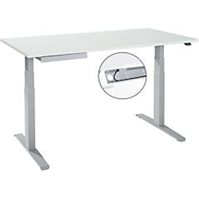 Bureau, elektrisch in hoogte verstelbaar, T-voet, B 1600 x D 800 x H 645-1290 mm, alu lichtgrijs/wit + kabelgoot, accessoirelade