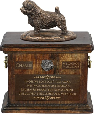 Norfolk Terrier urn met beeldje - gepersonaliseerde urn voor hondenas
