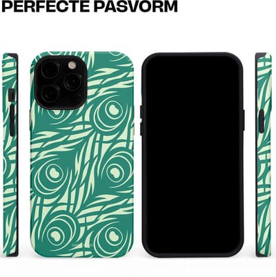 Casetastic hoesje geschikt voor Apple iPhone 13 Pro Max - MagSafe - Dubbellaagse bescherming - Troste Turquoise Pauw Veren - Fashion Case - Turquoise Mintgroen Crème