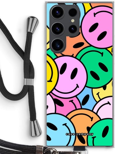 Case Company® - Hoesje met koord geschikt voor Samsung Galaxy S23 Ultra hoesje met Koord - Smiley N°1 - Telefoonhoesje met Zwart Koord - Bescherming aan alle Kanten en Over de Schermrand