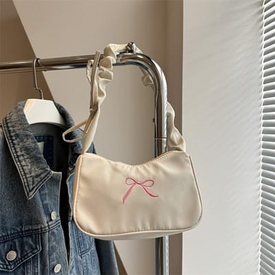 Sac bandoulière réglable pour femme avec nœud imprimé - Sac à main décontracté style coréen en nylon, fermeture éclair et trousse de maquillage assortie pour un usage quotidien blanc