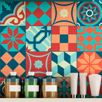 Zelfklevende tegelmuurstickers voor keuken en badkamer - 16 kleurrijke tegels in vintage stijl (azulejo) - 16 stickers van 15x15 cm
