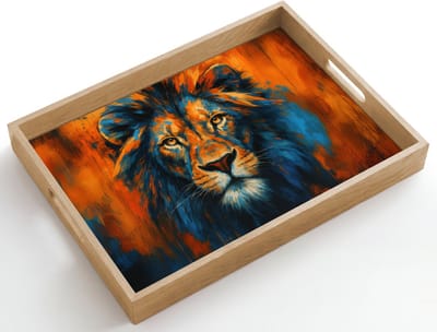 Dienblad hout 50x35 cm - Schootdienblad - Schilderij - Leeuwenkop - Oranje - Borrelplank rechthoek - Plateau dienbladen