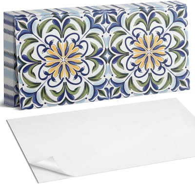 Coloray Plaktegels - Plantenpatroon met bloemen Zelfklevende Wandtegels - 40 cm x 20 cm - Blauw Plaktegels - 10 stuks - Rechthoek PVC Tegels - Plaktegels Badkamer - Vloertegels Zelfklevend - Vinyltegels Vloer Zelfklevend - Portugese Tegels