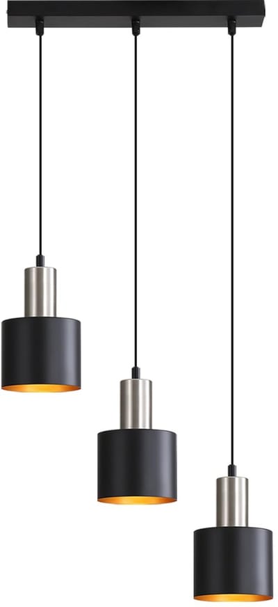 Glitzerlife - Hanglampen - Vintage industriële hanglamp - 3xE27 - hoogte verstelbaar - metalen cilinderkappen - zwart met gouden binnenzijde - Ø40cm - hanglampen eetkamer keuken woonkamer