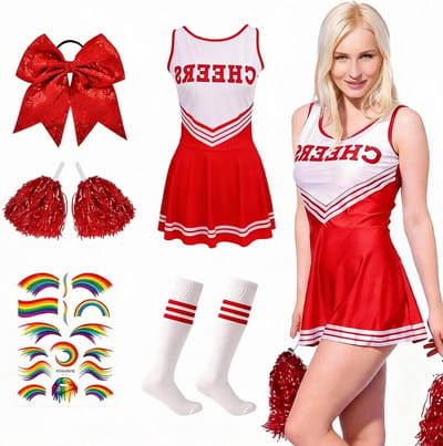 Volwassen Cheerleader Kostuum met Pompoms, Sokken en Haarbandjes, Ideaal voor Rollenspel en Halloween Feestjes