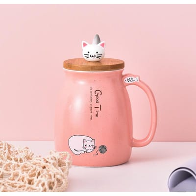 Leuke Cartoon Kat Keramische Mok met Deksel Lepel Grote Capaciteit Huishoudelijke Koffiekop Melkkop 401-500ml pink