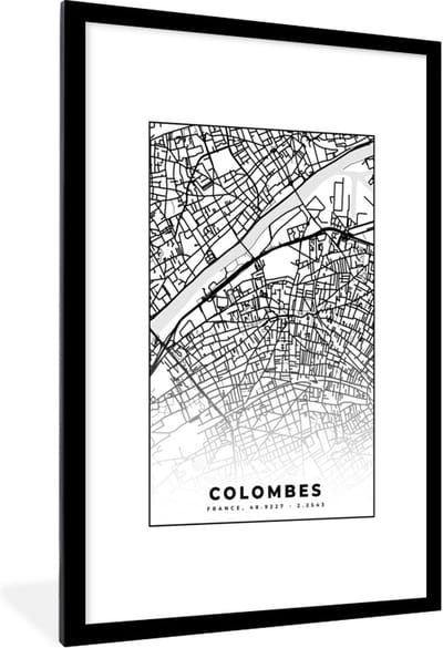 Fotolijst incl. Poster Zwart Wit- Stadskaart - Colombes - Plattegrond - Kaart - Frankrijk - Zwart wit - 80x120 cm - Posterlijst