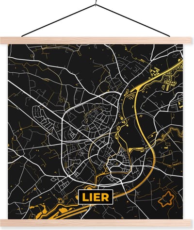 Posterhanger incl. Poster 40x40 cm - Schoolplaat - Plattegrond - Lier - Goud - Stadskaart - Kaart - Textielposter - Blanke latten - Stadskaart