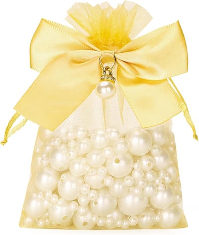10x12cm Gouden Organza Tassen met Strik en Kralen: 30 Stuks Kleine Tassen met Trekkoord voor Trouwen, Sieraden en Cadeaus