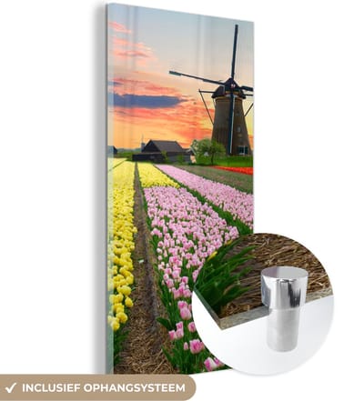 MuchoWow® Glasschilderij 20x40 cm - Schilderij acrylglas - Windmolen - Tulpen - Bloemen - Nederland - Foto op glas - Schilderijen
