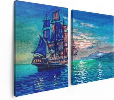 Artaza Canvas Schilderij Tweeluik Oude Piratenschip Zeilboot Getekend - 120x80 - Foto Op Canvas - Canvas Print