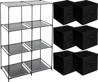 5Five Kastmandjes/opberg manden - zwart - 6x stuks van 29L - Metalen rekje is 68 x 98 cm
