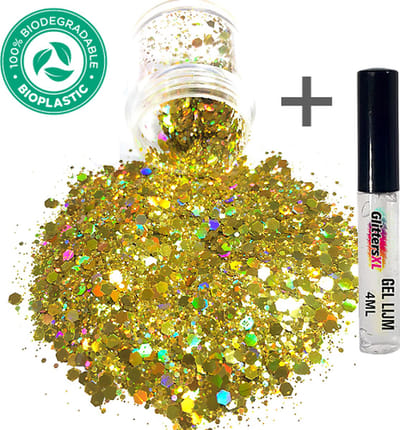 GlittersXL - Chunky Glitters (Goud) + Glitter Huid Lijm Biologisch Afbreekbaar [Volume 8g - Festival Jewels Glitter Outfit Lichaam en Gezicht - Make-up Diamond Dots Face Body - Diamantjes Strass Steentjes - Kinderen Volwassenen Dames Makeup Tattoo]