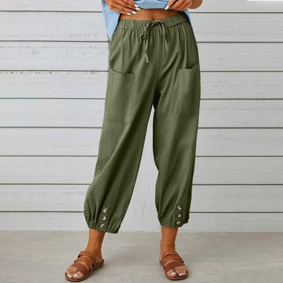 Pantalon d'été ample taille haute pour femmes, pantalon en coton et lin, à neuf points, à jambes larges M vert