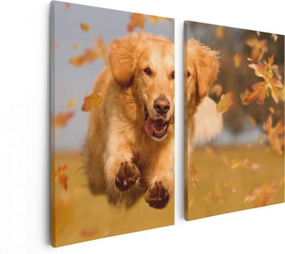 Artaza Canvas Schilderij Tweeluik Golden Retriever Hond In De Herfst Bladeren - 80x60 - Foto Op Canvas - Canvas Print
