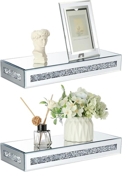 Rechthoekige Zwevende Glazen Planken met Spiegel en Gescheurde Diamanten - Wanddecoratie 38 x 15 x 5.8 cm voor Modern Interieur en Stijlvolle Opslag