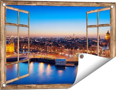 Gards Tuinposter Doorkijk Amsterdam Centrum in de Nacht - 60x40 cm - Tuindoek - Tuindecoratie - Wanddecoratie buiten - Tuinschilderij