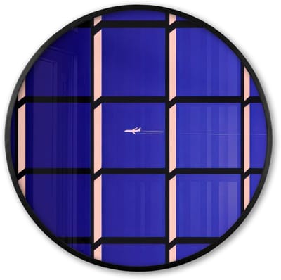 Poster in lijst Rond - Fotolijst 60x60 cm - Posters - Vliegtuig - Ruiten - Blauw - Rechthoekig - Ronde posterlijst zwart - Decoratie - Wanddecoratie woonkamer - Muurdecoratie slaapkamer