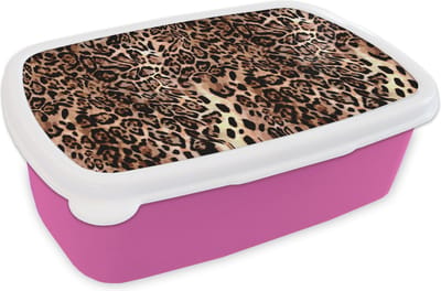 Broodtrommel Roze - Lunchbox Dierenprint - Luipaard - Design - Luxe - Brooddoos 18x12x6 cm - Brood lunch box - Broodtrommels voor kinderen en volwassenen