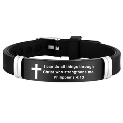 Christelijke Armband Unisex - Met Kruis & Bijbeltekst (Filippenzen 4:13) - Zwart Siliconen & RVS - Verstelbaar & Waterbestendig - Betekenisvol Geloof Cadeau